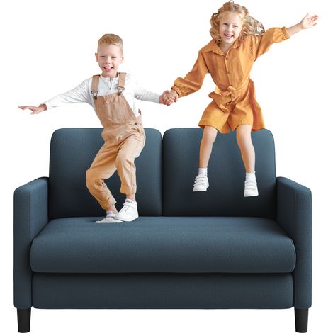 Divano Teddy a 2 posti in velluto, mini divano dritto comfort in legno massello, divano a due posti con braccioli, 128x78x89 cm, blu-grigio
