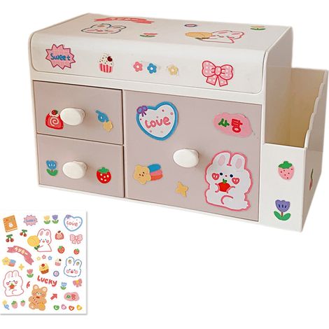 Boîte de rangement de bureau mignonne en plastique avec tiroir, grande capacité, rose clair, idéale pour le bureau et la maison. (1/5)