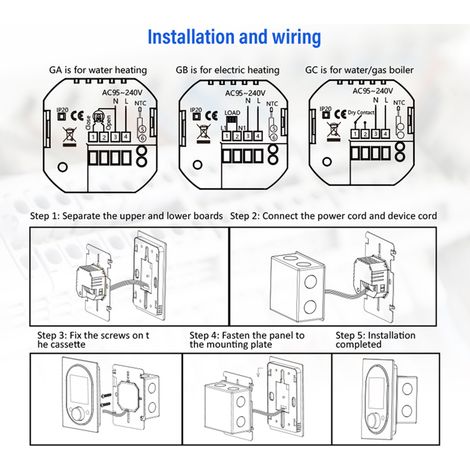 Thermostat intelligent pour chauffage de l'eau et climatisation, avec écran tactile numérique VA, bouton de réglage, programmation hebdomadaire manuelle 5+1+1 et mode vacances automatique. (1/5)