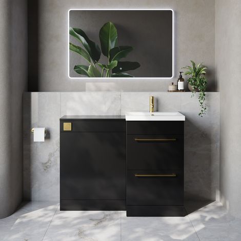 Napoli 390 Cento Matt Black 1100mm 2 Drawer Vanity Unit Toilet Suite with Glide Basin - 1100mm - Brushed Brass 320mm HandleWithout Kingston Toilet Pan