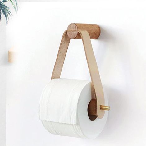 Porte-papier hygiénique mural en bois et cuir, porte-rouleaux de papier de soie rustique, accessoires de salle de bain gracieux et naturels avec vis auto-adhésive sans soudure (blanc cassé) (1/5)