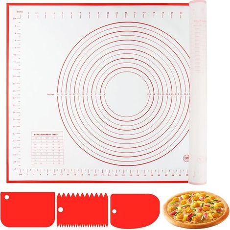 Silicone Baking Mat 60 x 40 cm with Scraper, Reusable for Pastry, Biscuits, Bread, Fondant (Red+Scrapers) (1/3)