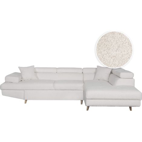 Canapé d'angle droit convertible RIO Scandinave avec coffre en tissu bouclettes - Blanc, Pieds bois (1/6)