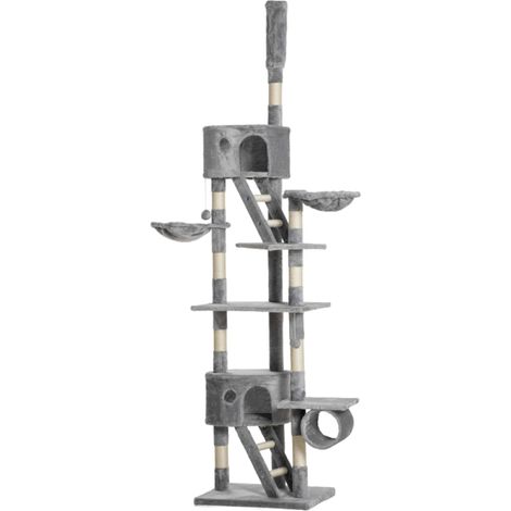 Arbre à Chat Plafond Réglable 240-260 cm Griffoir Sisal avec Niches Paniers Tunnel Jouet en Peluche Douce (1/5)
