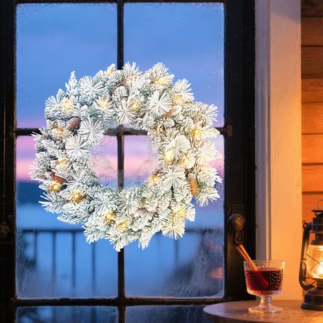 60 cm großer, beleuchteter Weihnachtskranz mit 35 warmweißen LEDs, Timer, 98 Zweigen, Tannenzapfen, grün und weiß (1/5)