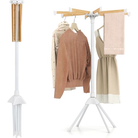 COSTWAY 8 Arm Bamboo Folding Clothes Drying Rack White and Bamboo Color (1/5)