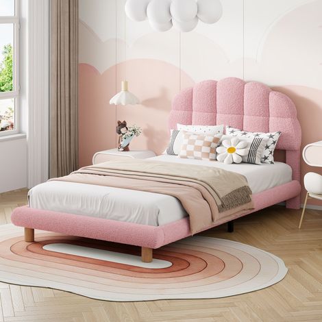 Polsterbett 90x200 cm, Einzelbett mit rundem Marshmallow-Kopfteil, Holzlattenrost, Metallrahmen, Sherpa Bett, Rosa