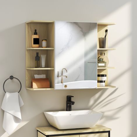 Armoire murale salle de bain avec miroir, meuble salle de bain avec étagères ouvertes, bois naturel, 80 x 20 x 59 centimètres