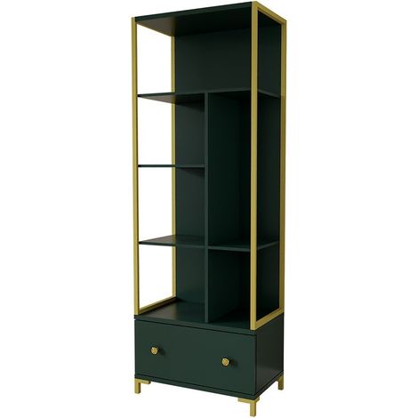 Biblioteca colección DOUGLAS color verde con numerosos almacenamientos y acabados dorados, 70 x 200 x 42 cm