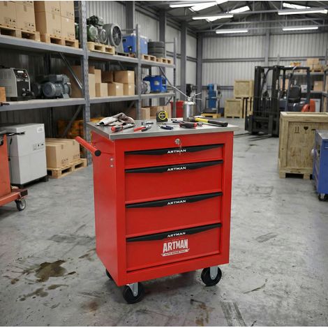 Chariot à outils 56,5x34,5x78 cm en acier rouge avec 4 tiroirs, pour garage – stable – MEUBLIV (1/5)