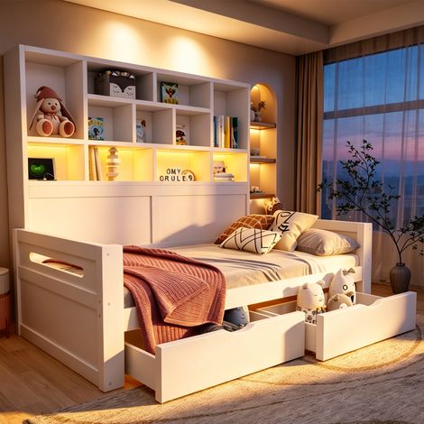 Lit banquette 90x200 cm, tête de lit avec rangements ouverts, 2 tiroirs sous le lit, éclairage LED et prises intégrées, cadre en bois, blanc