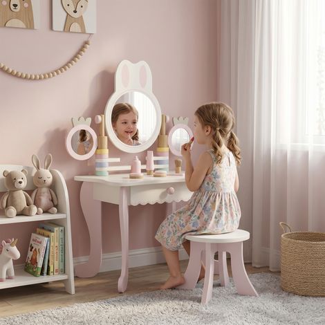 Coiffeuse Enfant Rose avec Tabouret, Tiroir, Miroir Triple et 5 Accessoires, Jeu d'Éveil dès 3 Ans (1/5)
