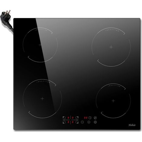 Hobsir Plaque induction, Plaque à induction 4 Feux, Tables de Cuisson avec Prise, Plaque de Cuisson Encastrable, Commande Tactile, Minuteur, Verrouillage Enfant, Verre Noir, Facile à Nettoyer (1/5)