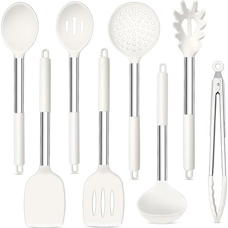 Juego de 8 utensilios de cocina de silicona con mangos de acero inoxidable, aptos para freír, servir, etc., en color blanco. (1/5)