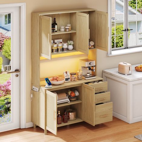 Aparador con LED 2 puertos USB 2 tomas de corriente estantes ajustables 3 cajones color madera natural (1/5)