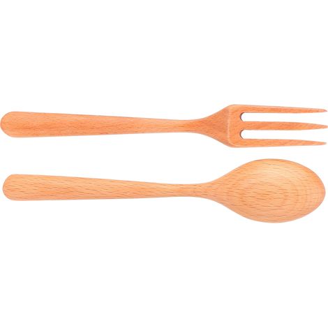 2-teiliges Set hitzebeständiger Holzgabel und -löffel, langlebiges Küchenutensil für Zuhause, Restaurant und Büro, aus Buchenholz (1/5)