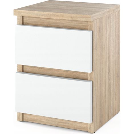 Table de chevet chêne blanc mat 30 cm – 2 tiroirs avec glissières à billes – Design moderne pour chambre – Montage facile