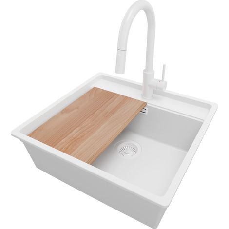 PRIMAGRAN Evier Sous Plan 56x53cm, Evier en Granit 1 bac + Robinet 40x20cm + Kit de Vidage + Planche à Découper, Évier au meuble 60cm - Bergen, Tout Blanc (1/5)
