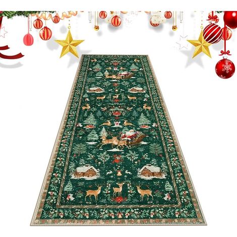Tapis de Couloir de Noël, 200 x 60 cm, en Polyester, Motif cerf et Père Noël, Tapis de Sol Doux pour Chambre à Coucher, buanderie, Salon, entrée (1/5)