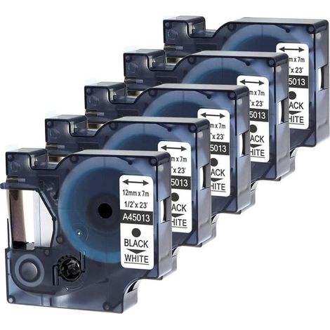 Nastro per etichette compatibile per D1 45013 12 mm x 7 m nero su bianco per cartuccia standard D1 S0720530 per LabelManager 160 210D 250 260P 280, confezione da 5 (1/4)