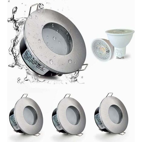 4er Set LED Einbaustrahler IP65 Wasserdicht, 5W 3000K Warmweiß Einbaustrahler für Bad und Küche Deckeneinbaubeleuchtung Schnitt 68mm Satin Nickel - Silber Lampengehäuse..DEBUNS