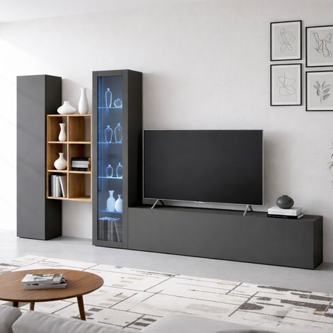 Dmora - Parete attrezzata Ausonia, Set salotto porta TV a 3 ante, Mobile soggiorno multiuso con vetrina e luce LED, 100% Made in Italy, cm 320x30h180, Antracite (1/5)