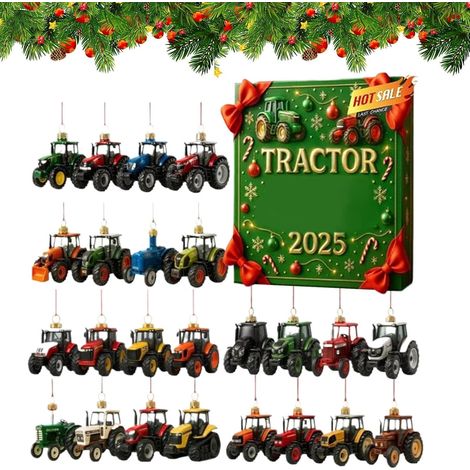 Calendrier de compte à rebours de Noël - Décoration acrylique 2D - 24 jours - Tracteur, sapin de Noël - Pour les vacances d'hiver en famille
