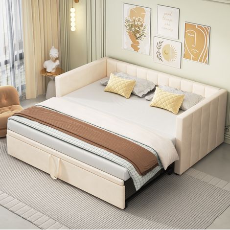 Cama sofá tapizada moderna beige 90x200/180x200 cm en terciopelo, extensible con somier de láminas y respaldo (1/5)