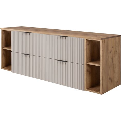 Furnidea - Meuble sous vasque FLOW CACHEMIRE 160 cm avec 2 x l'étagères - extensions et plan CHÊNE - 4 tiroirs - façades rainurées (1/5)