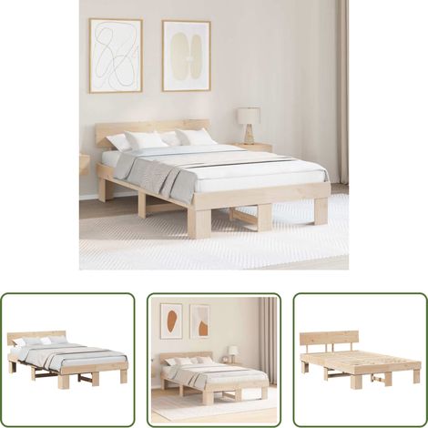 Lit avec tête de lit -  Cadre de lit avec tête de lit Naturel 135 x 190 cm Pin massif (1/5)
