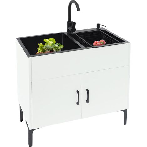 Évier de cuisine autoportant avec meuble bas et robinet, en acier inoxydable, avec 2 bacs, égouttoir et bonde, pour cuisine, jardin, extérieur, atelier, buanderie, camping (blanc)