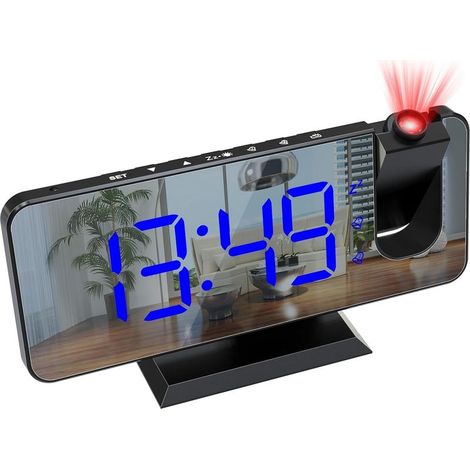 (Texte BLeu)Reveil Projecteur Plafond, Radio Réveil Projection Plafond, avec Ecran Miroir , Température Port de USB, Double Réveil (1/5)