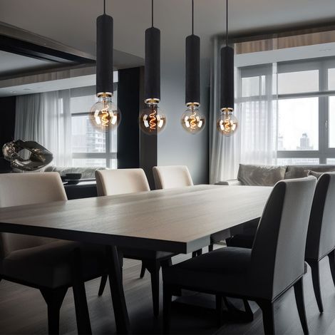 LED Hängelampe Hängeleuchte Pendellampe Pendelleuchte Esszimmerleuchte, 4 Flammig, skandinavisch Metall Holz schwarz nickel, 4x E27 Filament LED warmweiß, LxBxH 93x10x120cm