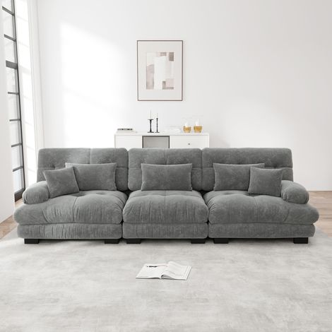 3-Sitzer gerade Wandlungsfähiges Sofa, Aus Chenille, U/L-Form, Tiefe Sitzfläche, Modulär, Grau