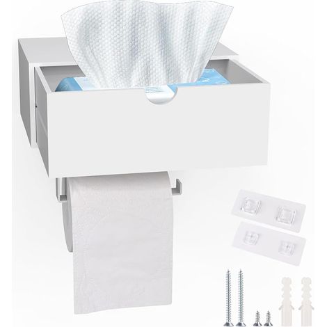 Wandmontierter Toilettenpapierhalter mit Schublade für Feuchttücher, wandmontierter Toilettenpapierspender ohne Bohren, aus Bambus und Edelstahl, selbstklebender Toilettenpapierhalter mit Box fürs Bad (1/5)