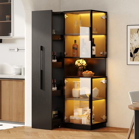 Vitrine LED 70x38x160 cm avec étagère coulissante, armoire vitrée double porte, meuble haut de rangement pour salon, salle à manger et cuisine (1/5)