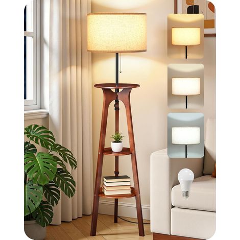 Lampadaire Trépied en Bois avec Tablette, Lampe sur Pied avec 3 Étagères de Rangement, 3 Températures de Couleur, pour Salon, Chambre, Bureau, Beige et Noyer Naturel Foncé (1/5)