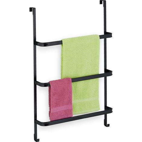 Relaxdays Toallero para Puerta 3 Barras, sin Taladrar, con 2 Ganchos, 85 x 54,5 x 15 cm, Colgador Toallas, Acero, Negro