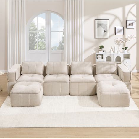 Divano modulare U 4 posti con 2 pouf, schiuma 32D, poliestere beige HAVRYA (1/5)