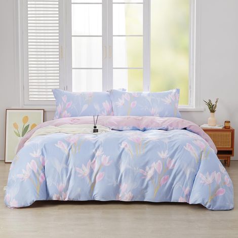 Ensemble de literie 200x220 cm 3 pièces coton fleurs violet rose avec fermeture éclair