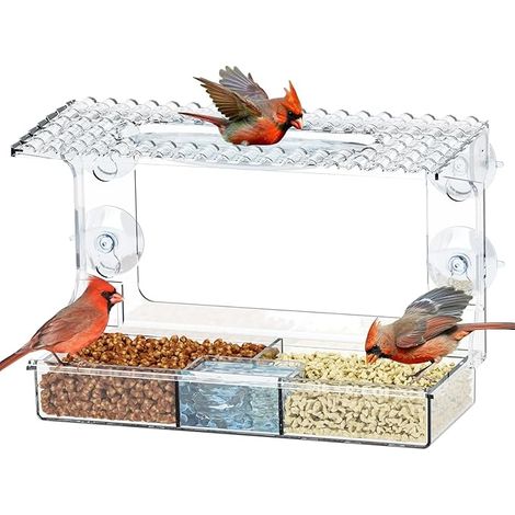 Mangeoire Oiseaux Fenêtre, 2 en 1 Mangeoire Oiseaux Exterieur avec Ventouse, Distributeur Graines Oiseaux en Acrylique Transparent, Mangeoires pour Oiseaux Sauvages, Résistant aux Intempéries