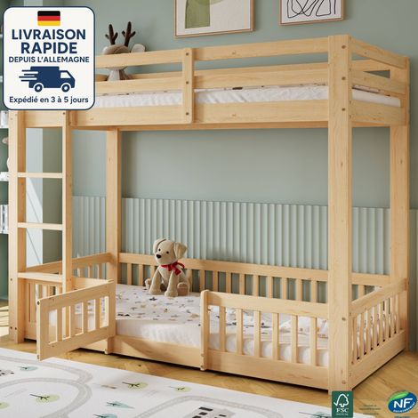 Litera 90x200cm - litera infantil 90x200 - Madera de pino + LVL, con escalera, pasamanos y puertas en ángulo recto, con protección anticaídas - Madera certificada PEFC - Color natural (1/4)