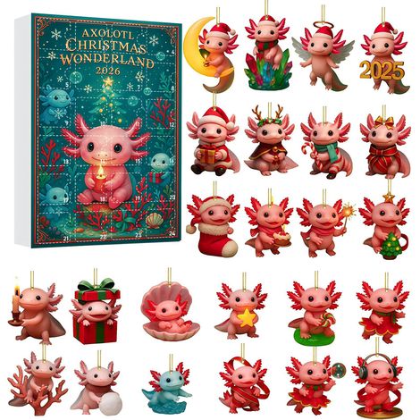 Axolotl-Adventskalender 2026, 24-teilige 2D-Acryl-Hängedekorationen, niedliche Tier-Weihnachtsbaumschmuckstücke für festliche Heimdekoration (1/5)