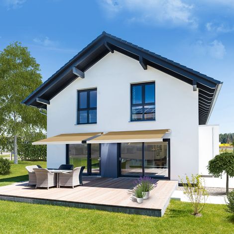 HOME DELUXE - LED Vollkassettenmarkise ELOS - Sandfarben, 350 x 250 cm - inkl. Wind- und Sonnensensor, Fernbedienung, Handkurbel, Montagematerial I Terrassenüberdachung Sonnenschutz Windschutz  Gelenk