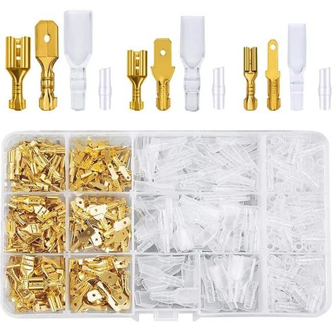 Connecteurs électriques à visser, pack de 480 cosses plates 2,8 / 4,8 / 6,3 mm, fiches mâles et femelles dorées, coffret de rangement inclus. (1/5)