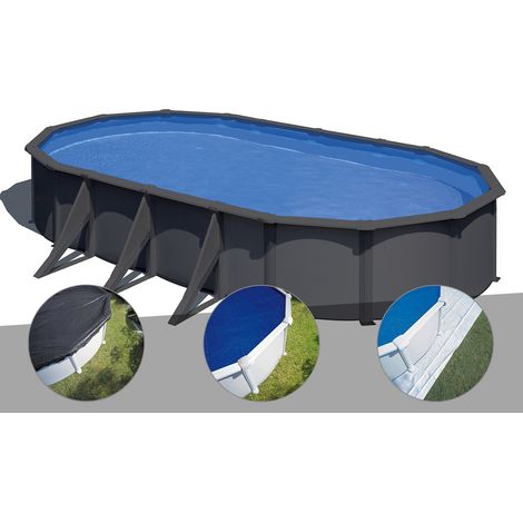 Kit piscine acier gris anthracite Gré Louko ovale 7,44 x 3,99 x 1,22 m + Bâche d'hivernage + Bâche à bulles + Tapis de sol