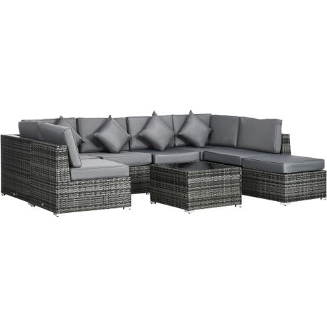 8-Piece Grey Rattan Patio Sofa Set with Washable Cushions and Tempered Glass Table for Outdoor Garden Relaxation