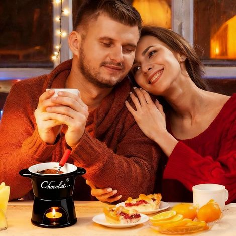 Tazza per fonduta – Tazza per fonduta personale con forchetta, scaldaburro in ceramica, sciogliformaggio al cioccolato riscaldato a candela, mini set per intingere i dessert per coppie (1/4)