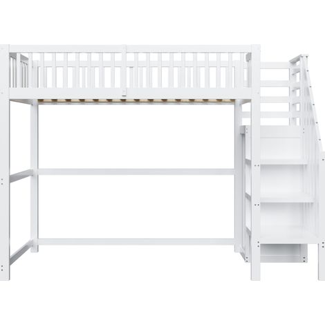 Letto a soppalco per bambini 90 x 200 bianco con scala e vani portaoggetti HOMVRA (1/5)