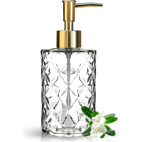 Distributeur savon verre transparent 330 ml pompe, lavage main/détergent vaisselle cuisine/sdb